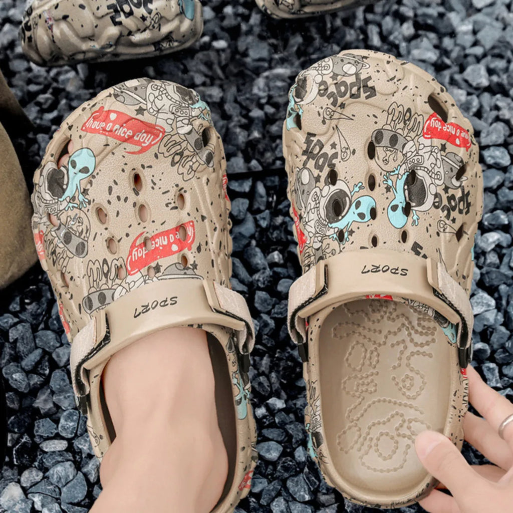 Men's printed platform sandals from Plush Fashion Hub, featuring colorful fabric straps and chunky sole, casual summer footwear.