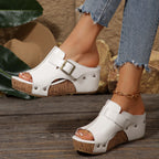 Women's open toe wedge sandals by Trendsi featuring comfortable PU leather, high heel shoes with stylish design.