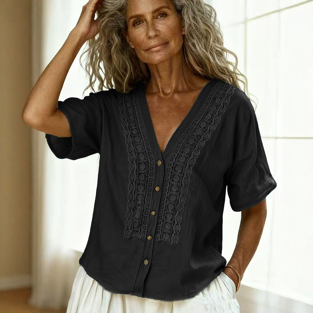 Women's loose-fit faux linen embroidered button-up top by FitiqueFit, featuring casual style and intricate embroidery.