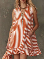 Striped zipper neck ruffle hem dress by Shopimist, featuring a stylish design with a zipper neckline and feminine ruffle hem detail.