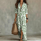 Digital print lapel midi shirt dress by FitiqueFit, casualwear in five colors, featuring a relaxed fit and button-front design.
