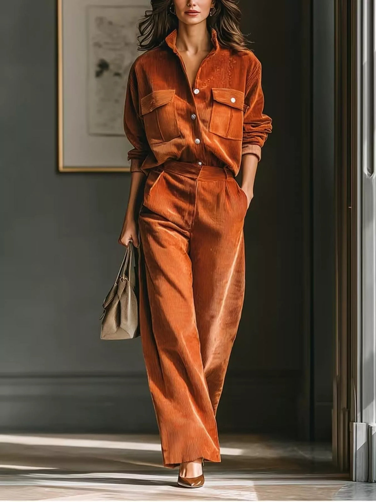 Trendsi corduroy button-down shirt and wide-leg pants two-piece set, featuring a stylish shirt with buttons and relaxed-fit pants.