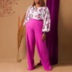 FitiqueFit floral lace-up top and wide-leg pants set in four colors, casualwear for sizes S to 3XL, featuring printed floral design.