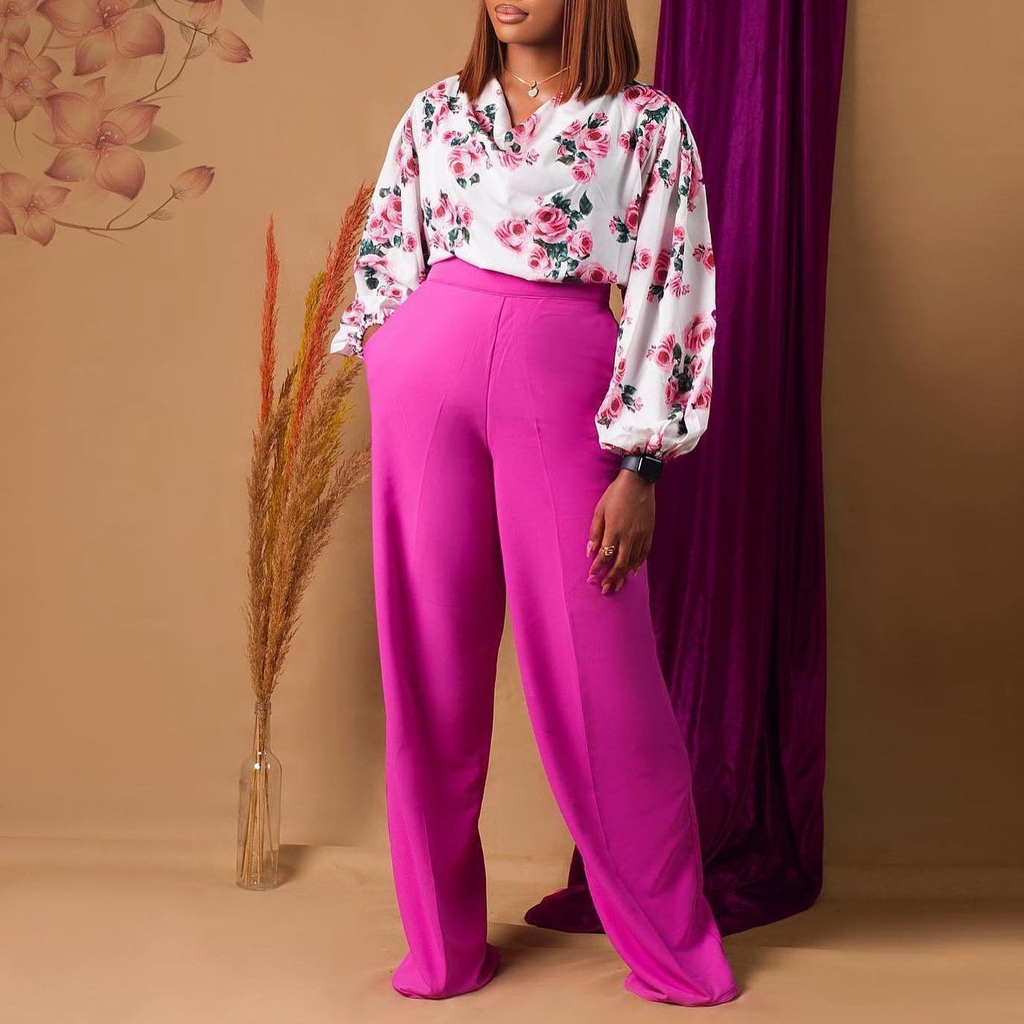 FitiqueFit floral lace-up top and wide-leg pants set in four colors, casualwear for sizes S to 3XL, featuring printed floral design.