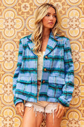 Brushed vintage plaid jacket with BiBi flap pockets by Shopimist, showcasing classic style and textured fabric in natural light.