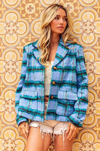 Brushed vintage plaid jacket with BiBi flap pockets by Shopimist, showcasing classic style and textured fabric in natural light.