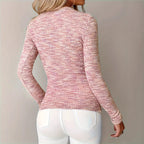 Women's knitted slim-fit long sleeve pullover with zipper, casualwear from FitiqueFit, showing a cozy beige sweater with zipper detail.