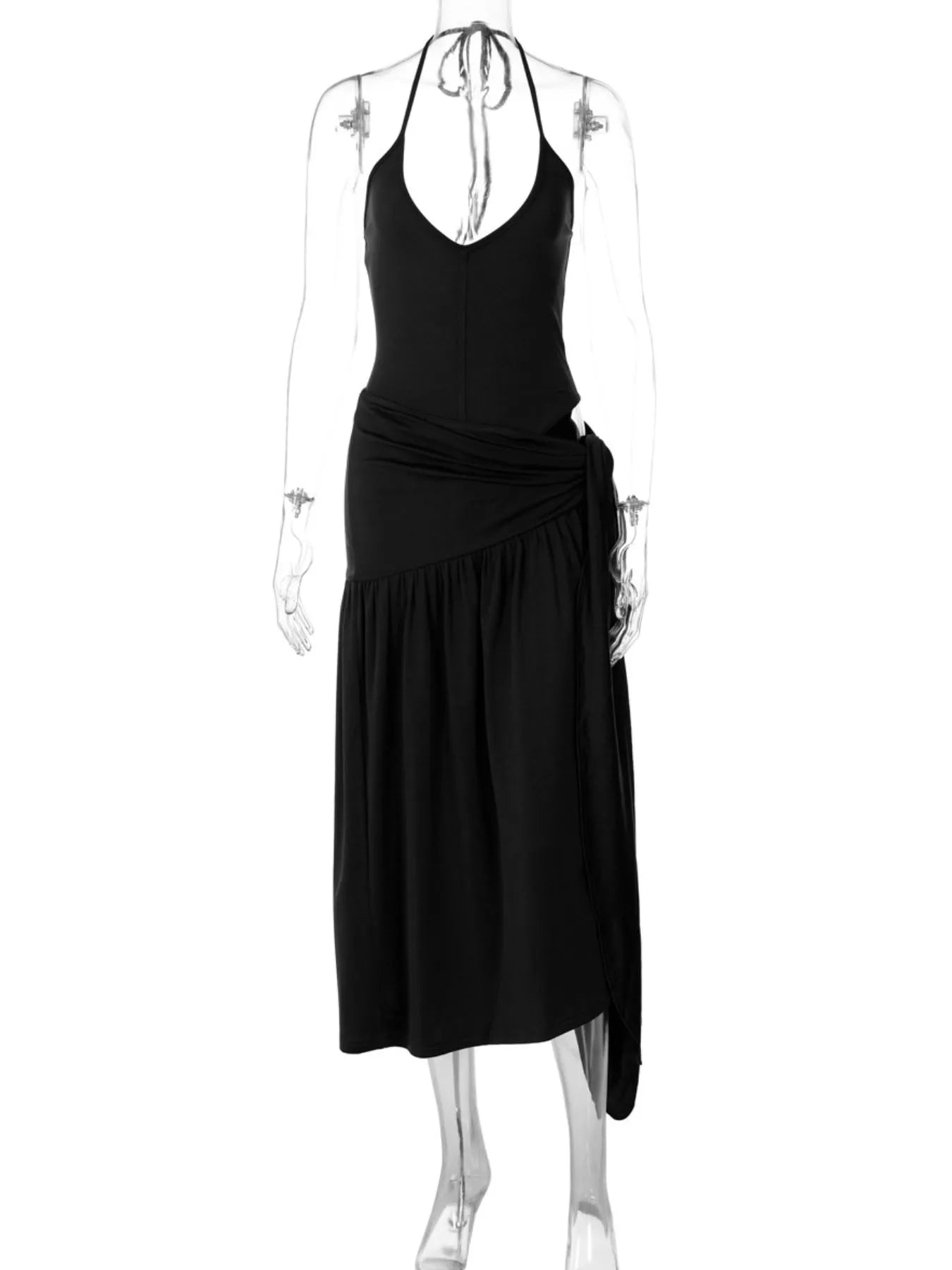 Halter neck ruched bodysuit and matching maxi skirt set by Shopimist, featuring fitted design and stylish fabric details.