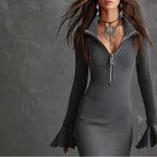 Women's casual FitiqueFit half zip bodycon dress shown in a close-up, form-fitting design with a high neckline and half zip closure.