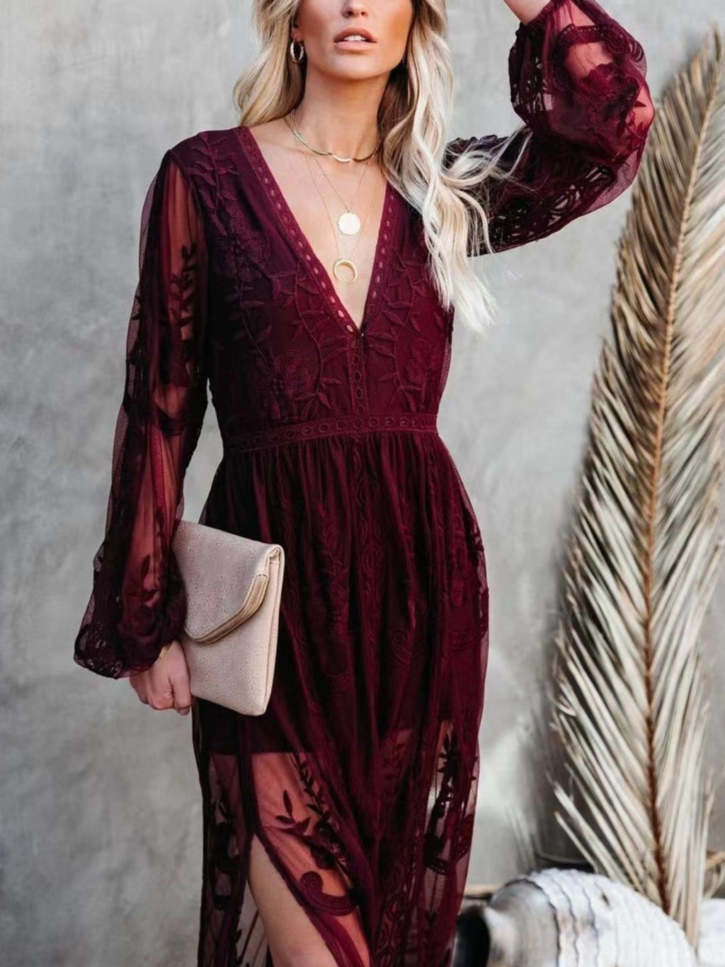 Elegant floral lace high-slit maxi dress from Trendsi, featuring intricate lace details and a flowing formal evening gown silhouette.