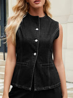Trendsi button-front denim vest top with sleeveless design, classic collar, and front button closure, casual and stylish for everyday wear.