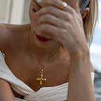 Gold-plated stainless steel cross pendant necklace with a sleek design, perfect for religious or stylish accessories.