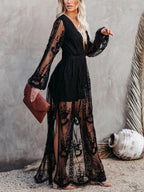 Floral lace high-slit maxi dress by Trendsi featuring elegant design, fitted bodice, and flowing skirt for formal evening events.