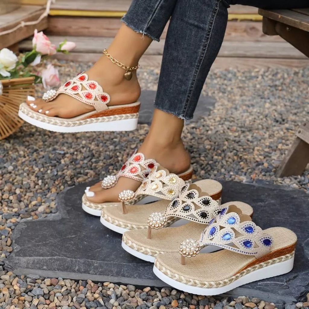 Shopimist toe post wedge sandals featuring a cushioned footbed and stylish strap design for comfortable summer wear