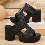 Open toe block heel sandals by Plush Fashion Hub featuring stylish straps and a comfortable chunky heel.