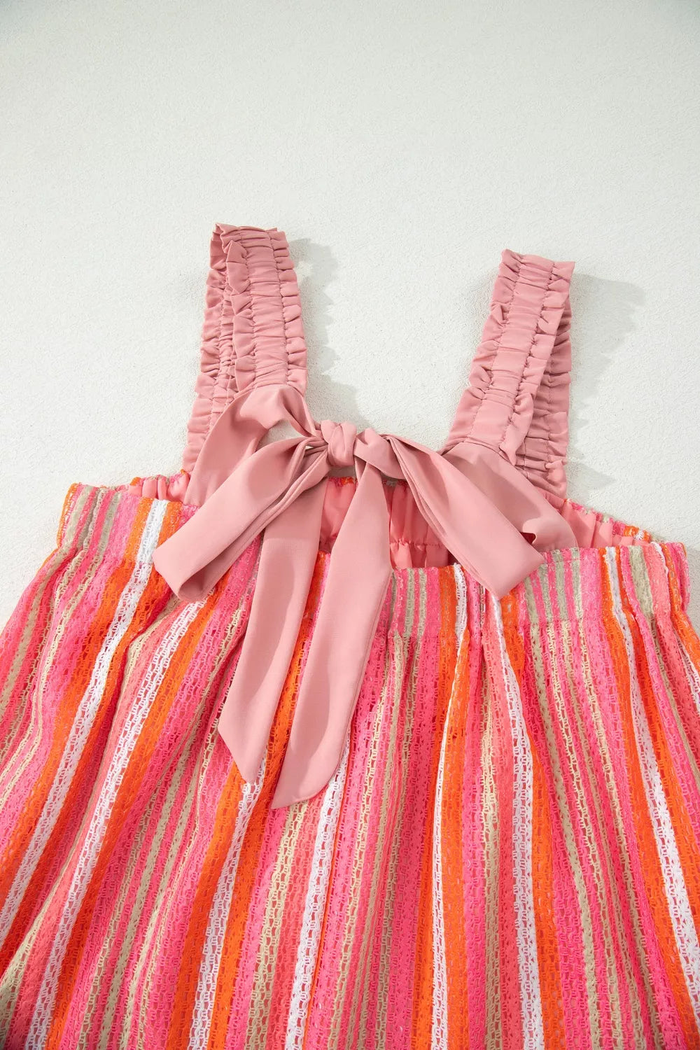 Plush Fashion Hub stripe ruffled straps ribbon knot flowy maxi dress with a vacation-ready design and lightweight fabric.