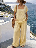 Women's square-neck short-sleeve cotton blend pantsuit, two-piece set with tailored fit and stylish design, from FitiqueFit.