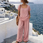Women's square-neck short-sleeve cotton blend pantsuit by FitiqueFit, featuring a stylish two-piece set with tailored fit.