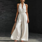 LadyShow.Store women's V-neck halter neck jumpsuit featuring a fitted silhouette and sleeveless design, shown on a model.