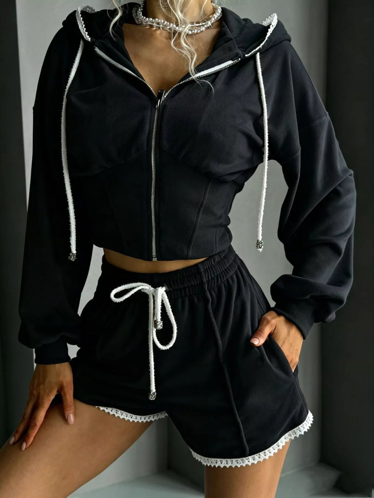 Plush Fashion Hub zip-up hooded outerwear and shorts set in soft plush fabric, shown in a casual, comfortable style.