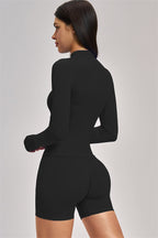 Fitglutes Activewear sports bra, jacket, and shorts 3-piece set for workout, featuring breathable fabric and athletic fit.