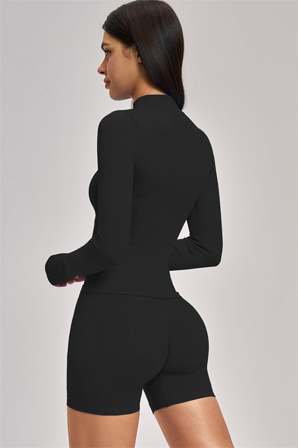 Fitglutes Activewear sports bra, jacket, and shorts 3-piece set for workout, featuring breathable fabric and athletic fit.