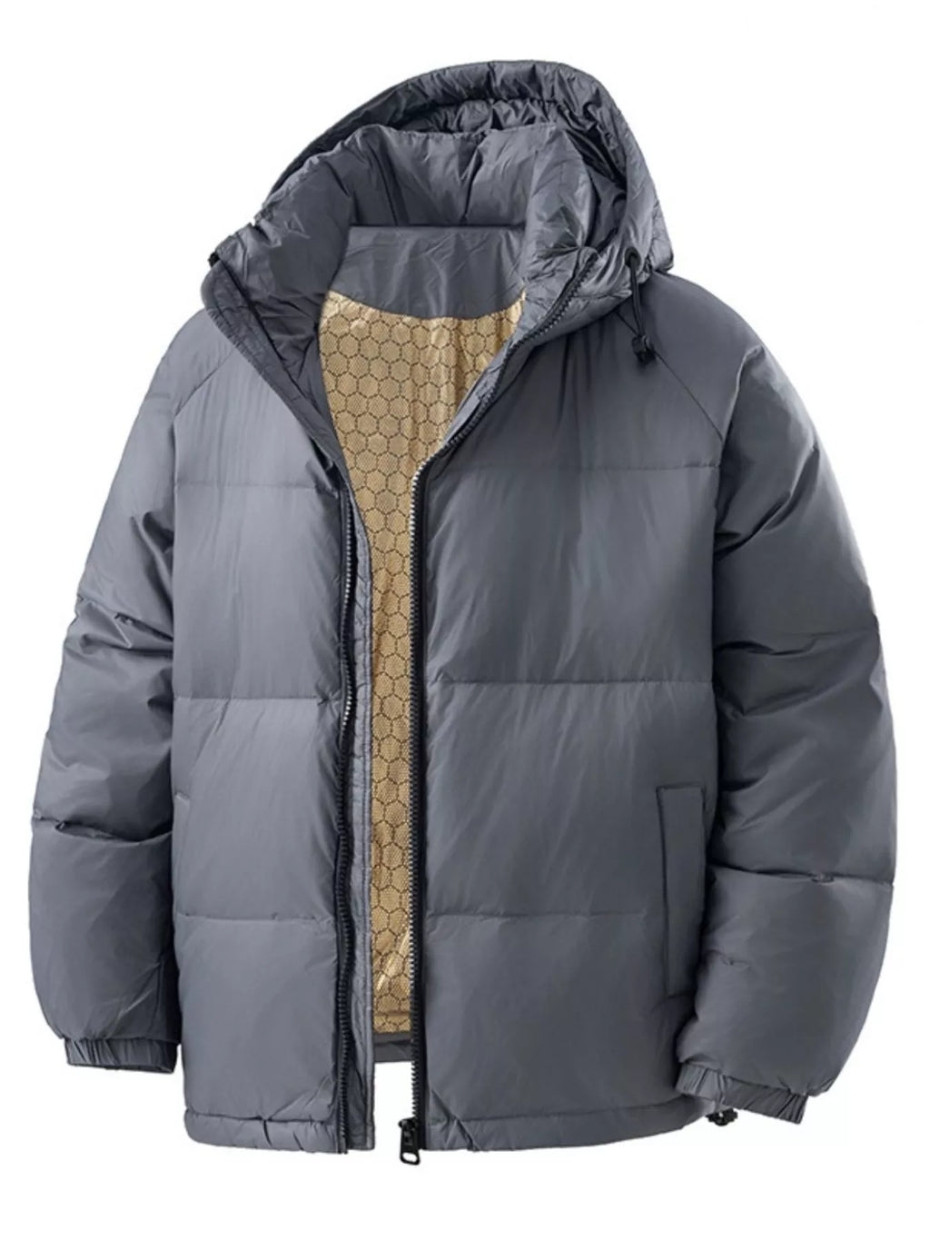 Men's plus size padded hooded puffer jacket by Shopimist, showcasing the insulated, quilted design with a hood and full-length zipper.