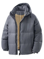 Men's plus size padded hooded puffer jacket by Shopimist, showcasing the insulated, quilted design with a hood and full-length zipper.