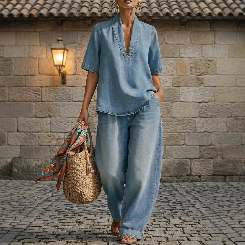 FitiqueFit retro V-neck washed denim top and wide-leg pants casualwear set in three colors, available in sizes S to 3XL.