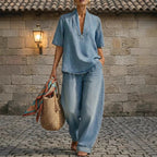 FitiqueFit retro V-neck washed denim top and wide-leg pants casualwear set in three colors, available in sizes S to 3XL.