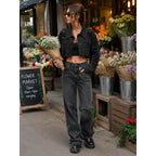 Women's Vintage Distressed Denim Set | Washed Jacket & Slim-Fit Shorts in Black & Blue | S–XXL