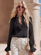 Shopimist ruffled V-neck long sleeve blouse with feminine details and soft fabric, perfect for casual or dressy occasions.
