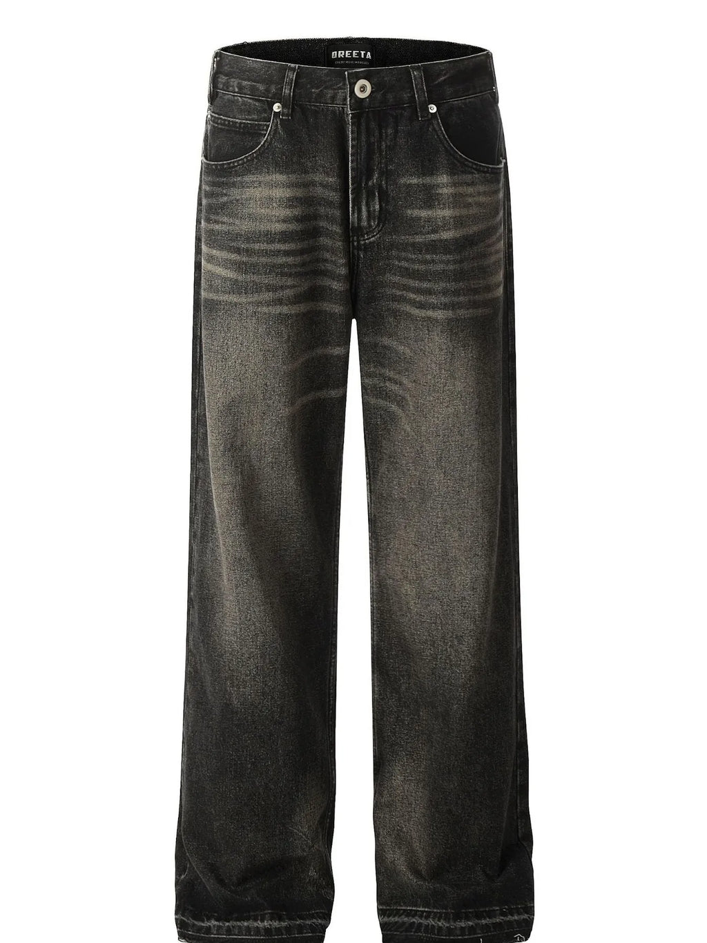 Men's vintage washed denim jeans with frayed hem by Plush Fashion Hub, showcasing distressed fabric and classic fit.