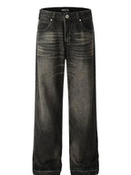 Men's vintage washed denim jeans with frayed hem by Plush Fashion Hub, showcasing distressed fabric and classic fit.
