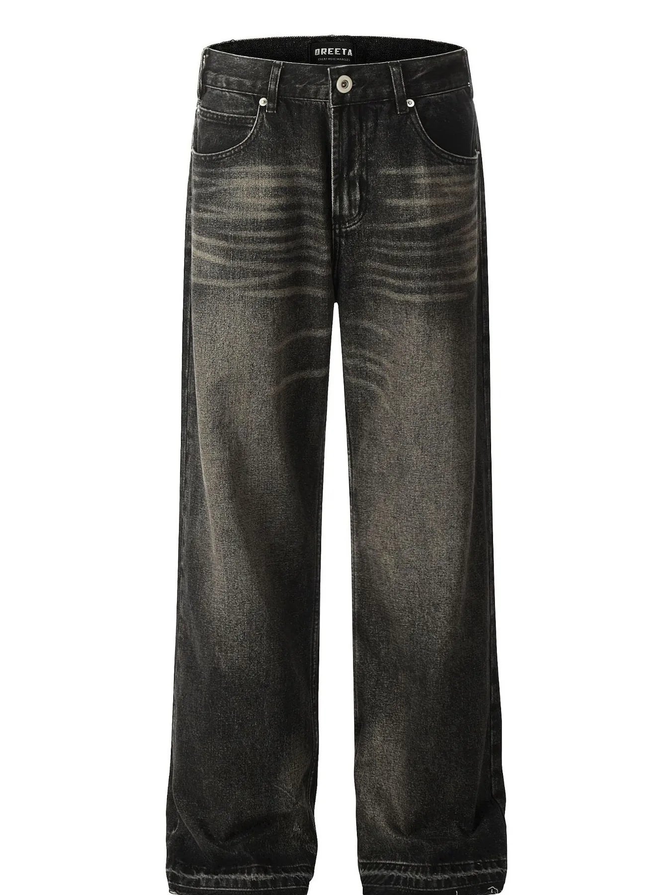 Men's vintage washed denim jeans with frayed hem by Plush Fashion Hub, showcasing distressed fabric and classic fit.