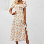 FitiqueFit square neck floral print casual maxi dress with puff sleeves and side slit, perfect for stylish summer wear.