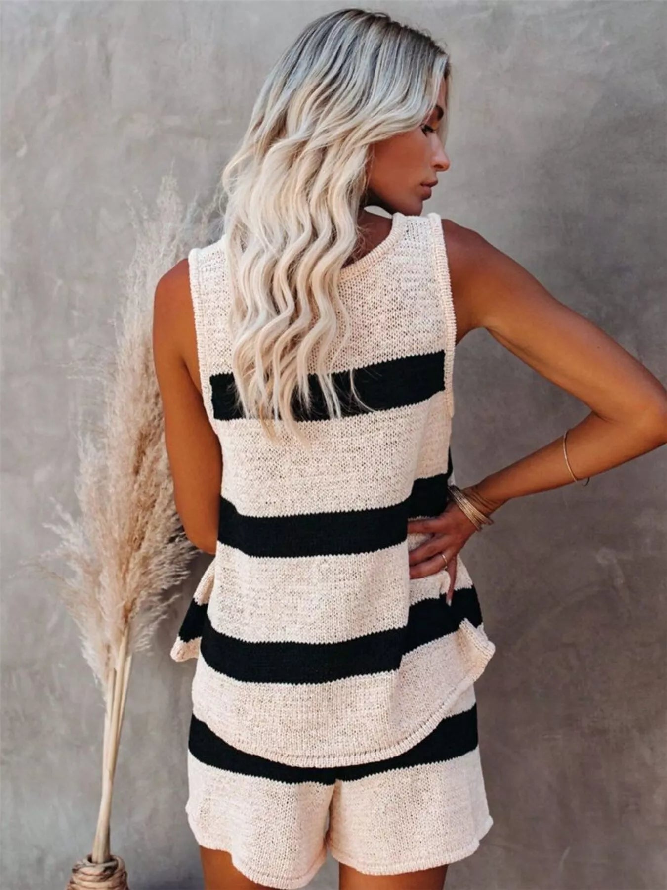 Striped knit tank top and shorts set by Plush Fashion Hub, casual summer loungewear with blue and white stripes.
