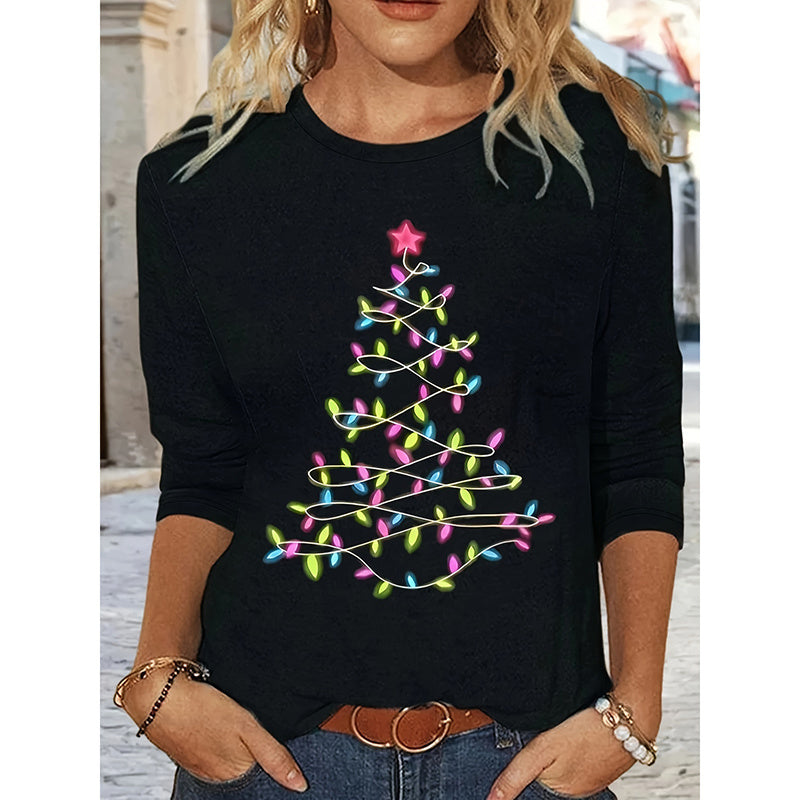 Women’s long sleeve Christmas T-shirt with a cute Christmas tree graphic, casualwear by FitiqueFit