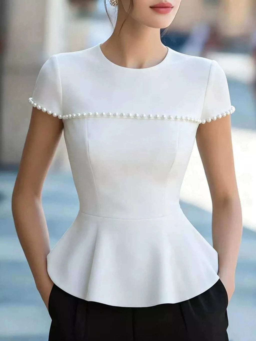 Pearl embellished peplum T-shirt from Shopimist, stylish tops with elegant pearl details and a fitted peplum design.