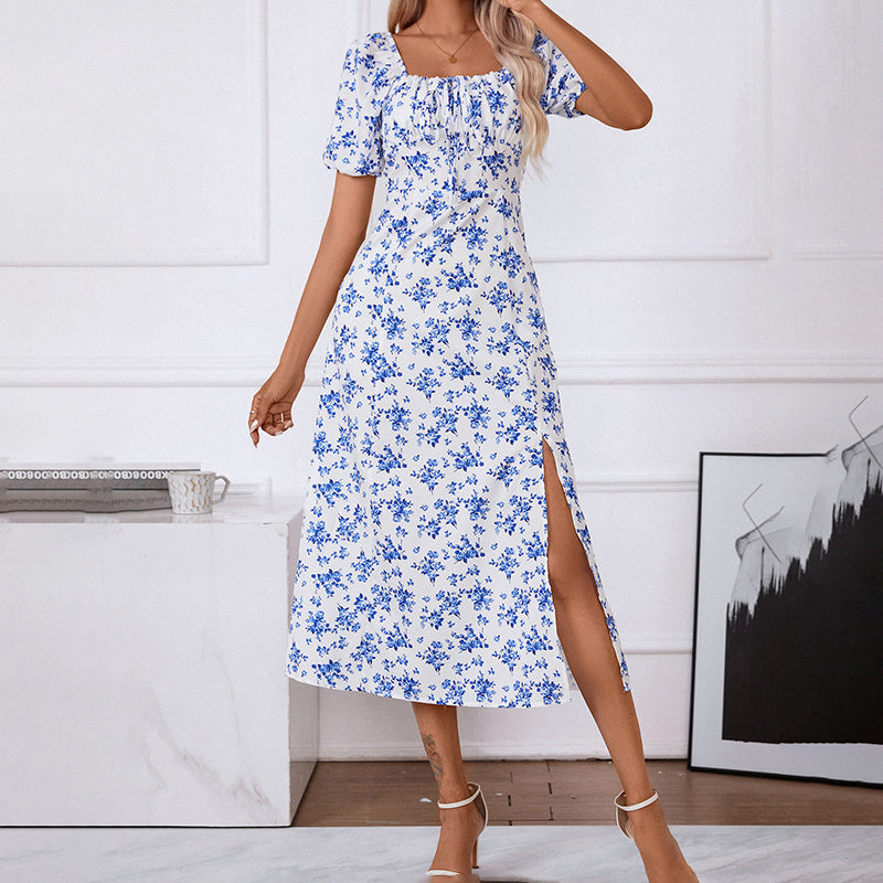FitiqueFit square neck floral print casual maxi dress with puff sleeves and side slit, perfect for summer or casual occasions.