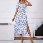 FitiqueFit square neck floral print casual maxi dress with puff sleeves and side slit, perfect for summer or casual occasions.