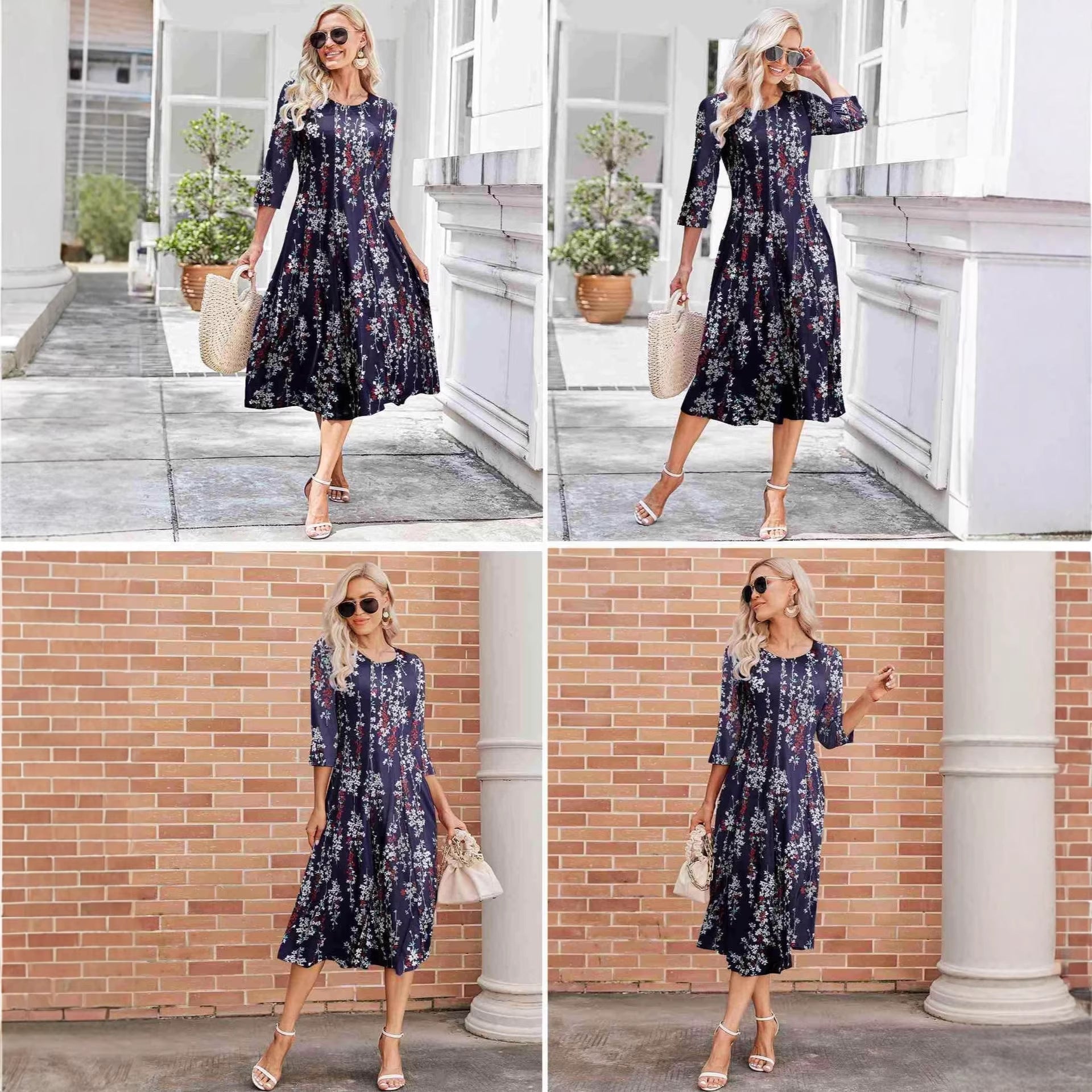 Women’s floral patchwork three-quarter sleeve casual dress by FitiqueFit, featuring vibrant floral patterns and comfortable fit.