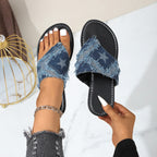 Plush Fashion Hub star thong sandals with frayed detail, open-toe design and flat sole, perfect for casual summer wear.