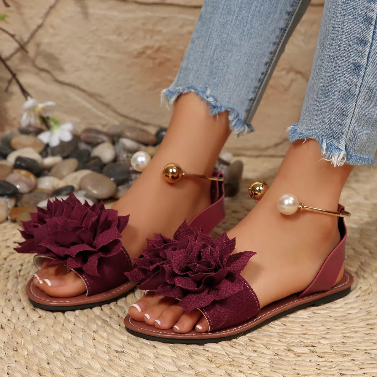 Shopimist floral decor flat sandals with colorful flower accents, open-toe design, and comfortable flat sole.