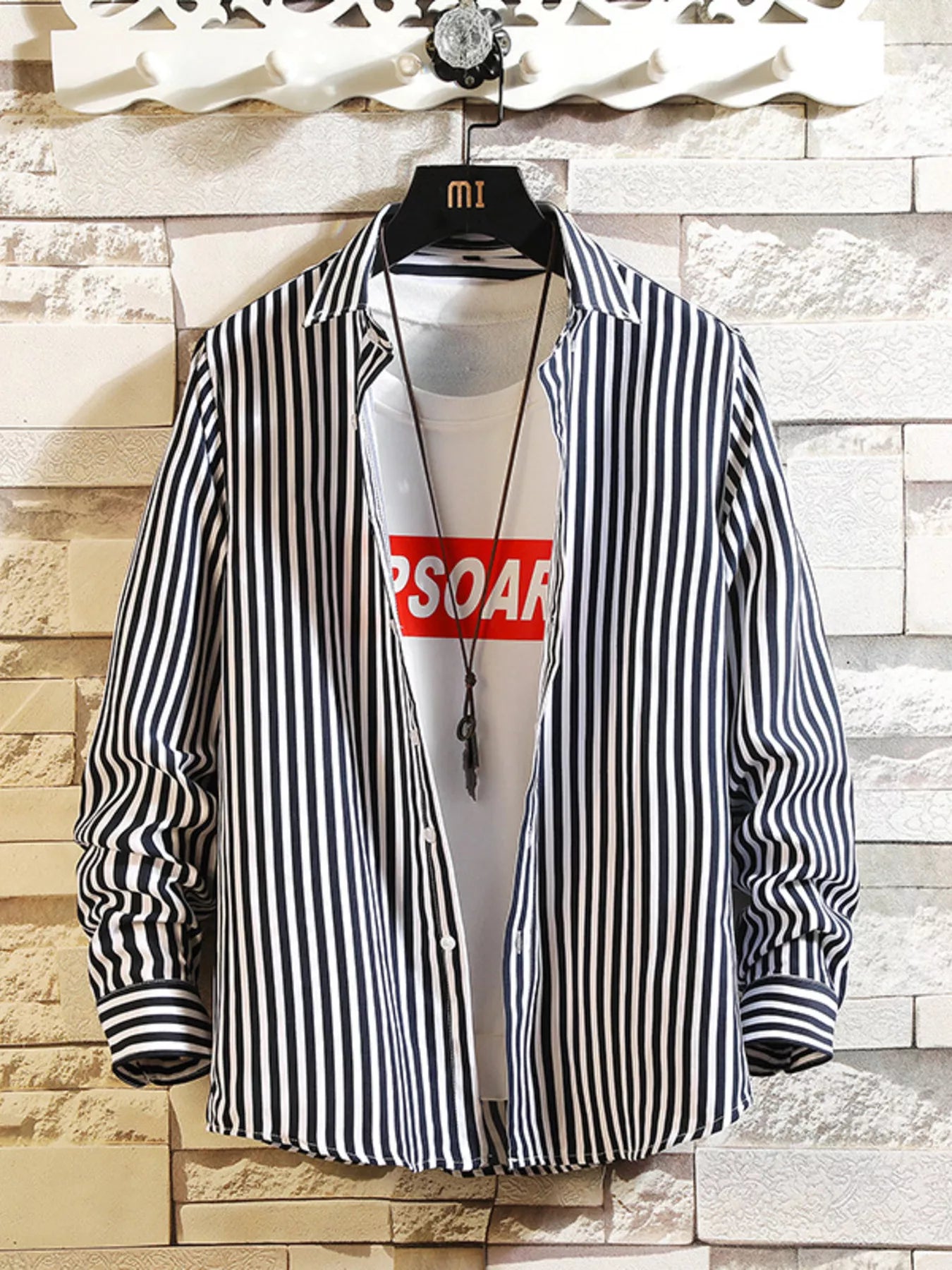 Men's plus size casual striped button-up shirt by Trendsi, featuring a classic collar and long sleeves on a white background.