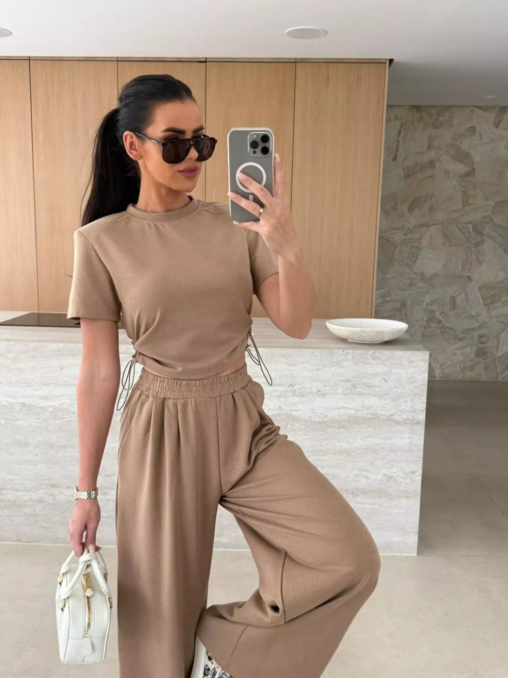 Shopimist drawstring crop top and wide-leg pants two-piece set, stylish casual outfit with comfortable fit.