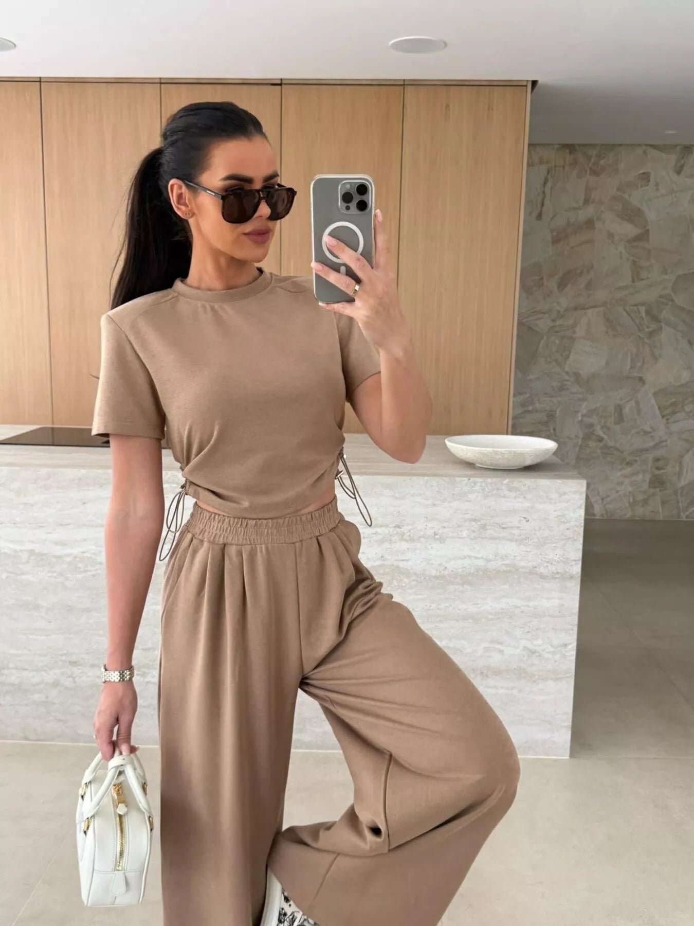 Shopimist drawstring crop top and wide-leg pants two-piece set, stylish casual outfit with comfortable fit.