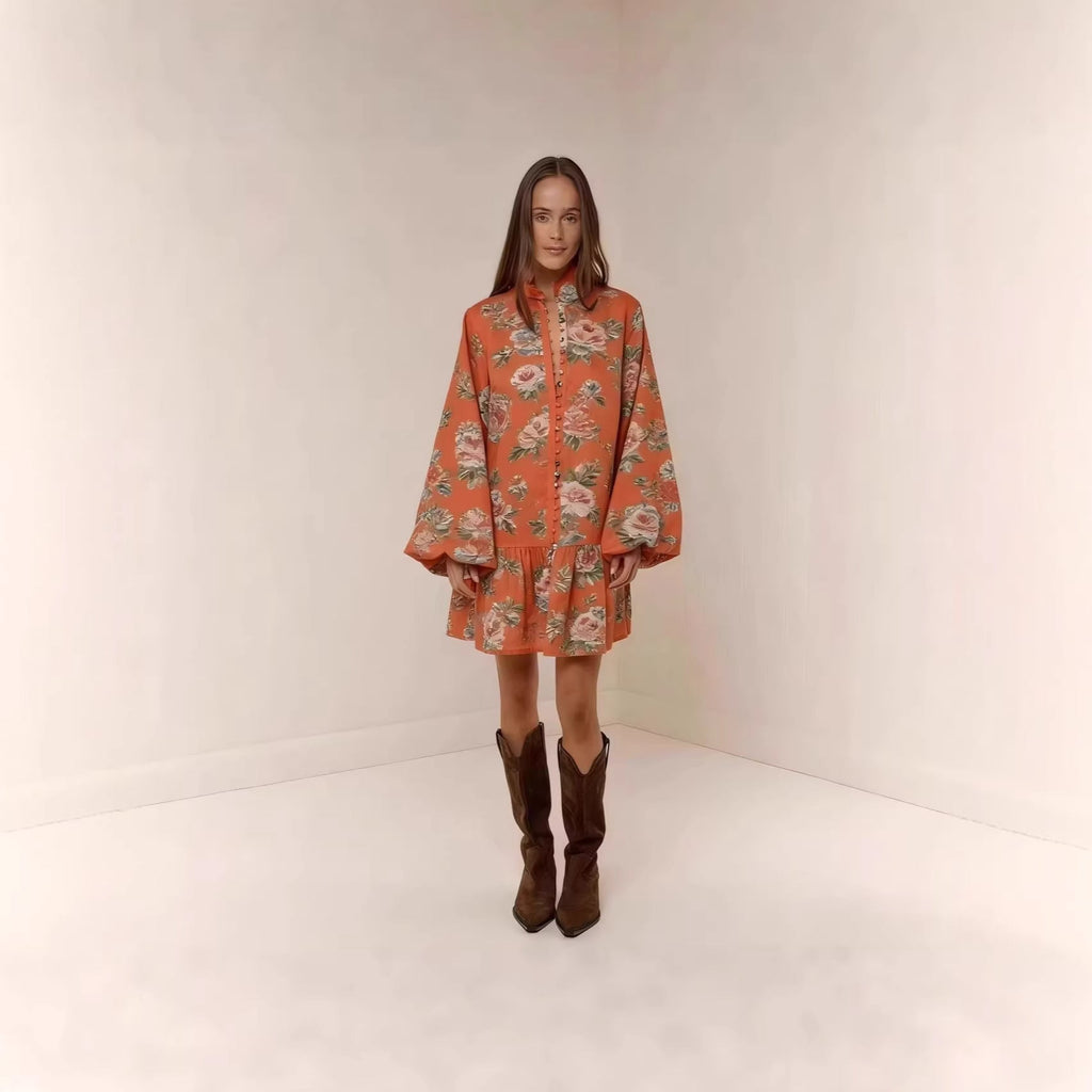 Digital print lantern sleeve linen midi dress by FitiqueFit featuring a loose fit, pullover casualwear with lantern sleeves.