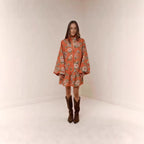 Digital print lantern sleeve linen midi dress by FitiqueFit featuring a loose fit, pullover casualwear with lantern sleeves.