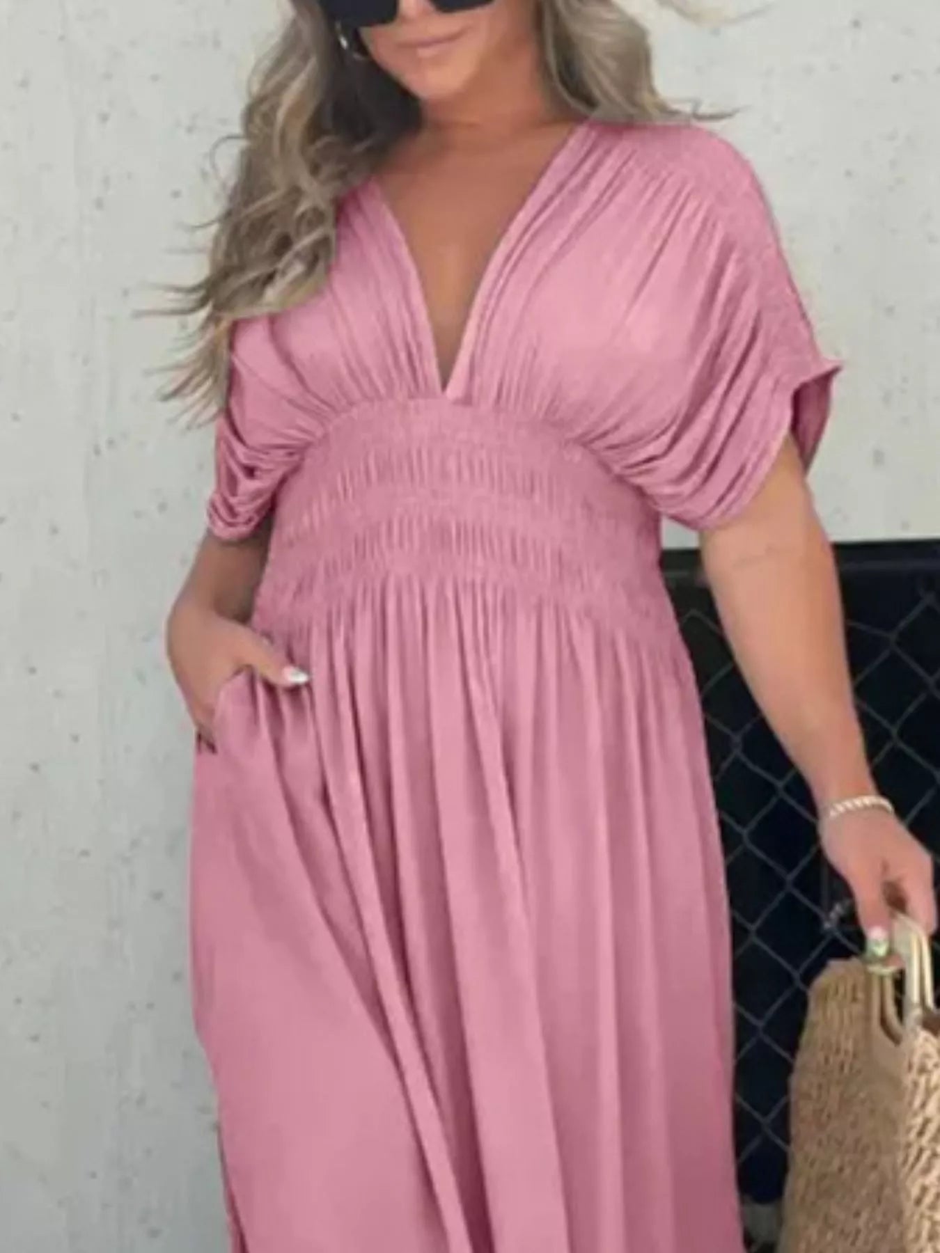 Plus size Trendsi maxi dress with a slit, V-neck, smocked waist, and full-length design, perfect for elegant summer or evening wear.